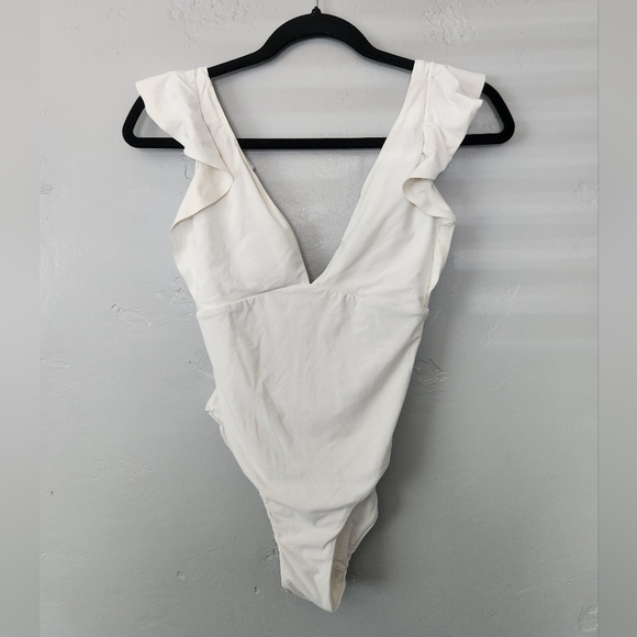 Malai White Ruffled One Piece Bridal V Neck Low Back Swimsuit Small - Picture 1 of 7